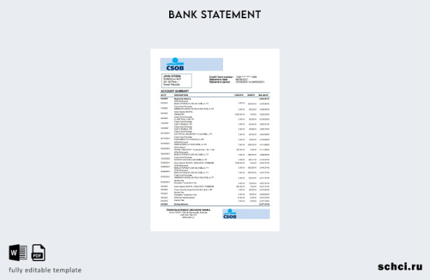 скачать цифровую версию шаблон Excel банковской выписки Чехии Československá Obc